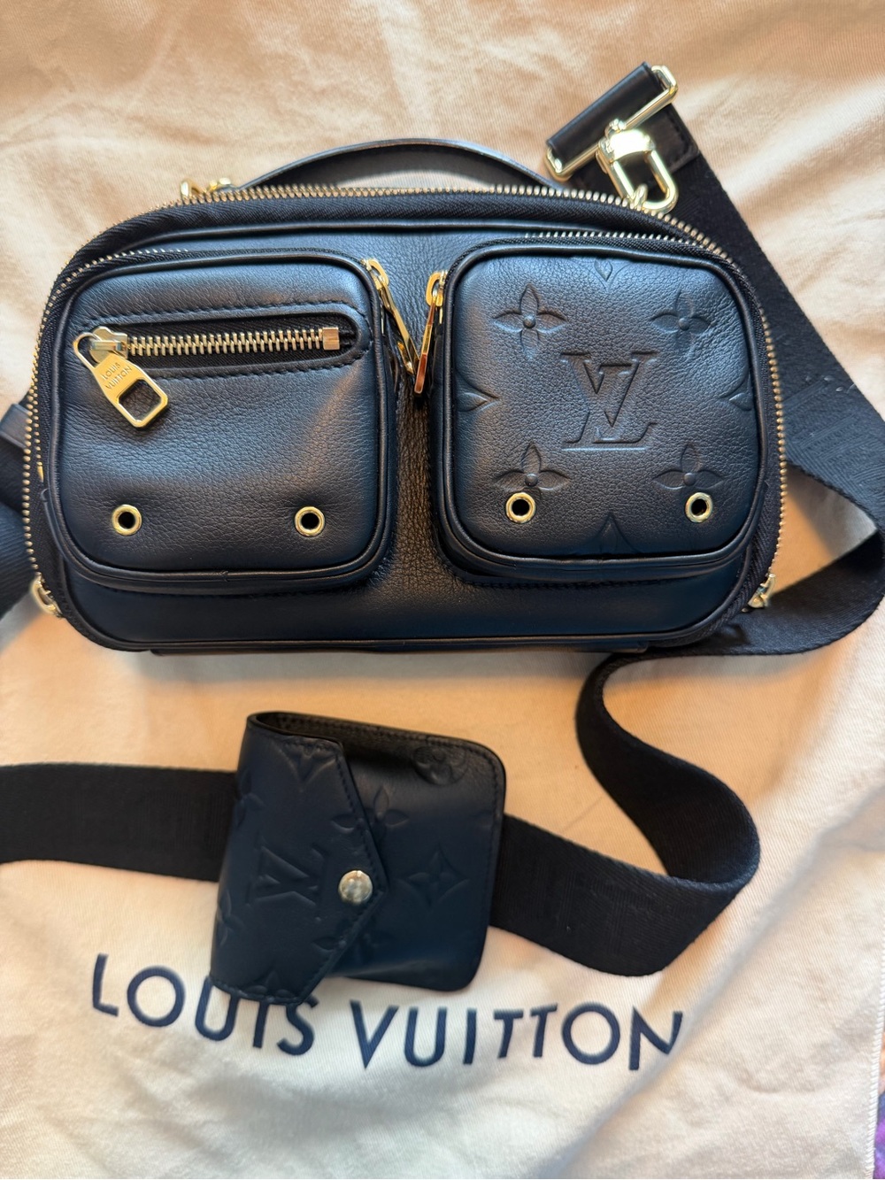 Louis Vuitton Black Leather Utility Crossbody Bag with guitar strap